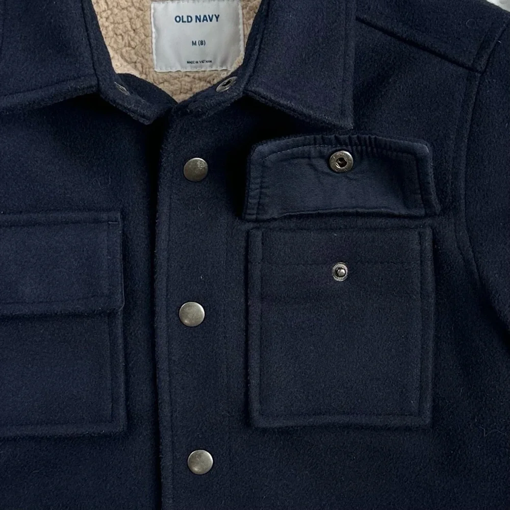 OLD NAVY Boys‎ Sherpa-Lined Wool-Blend Navy Blue Jacket Snap Closure Collar M(8)